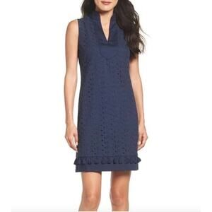 Eliza J Eyelet V Neck Sleeveless Mandarin Collar Lace Shift Dress Navy Blue